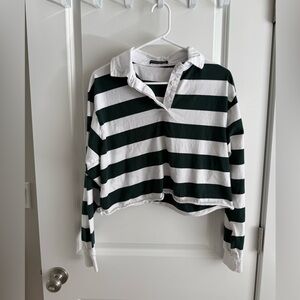 Brandy Melville Green and White Striped Long sleeve Polo